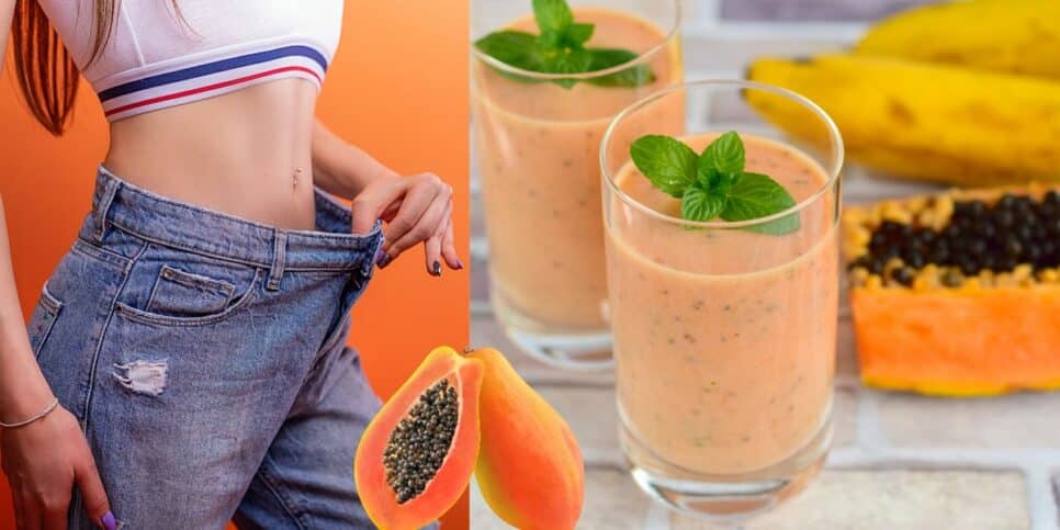 Mulher de dieta e café da manhã com vitamina de mamão (Foto: Reprodução / Canva / Montagem HoraDoBenefício)