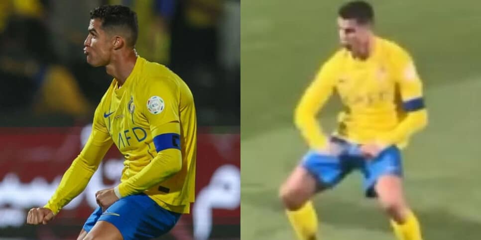 Cristiano Ronaldo gera polêmica com gesto obsceno (Foto: Reprodução/Montagem HoraDoBenefício)