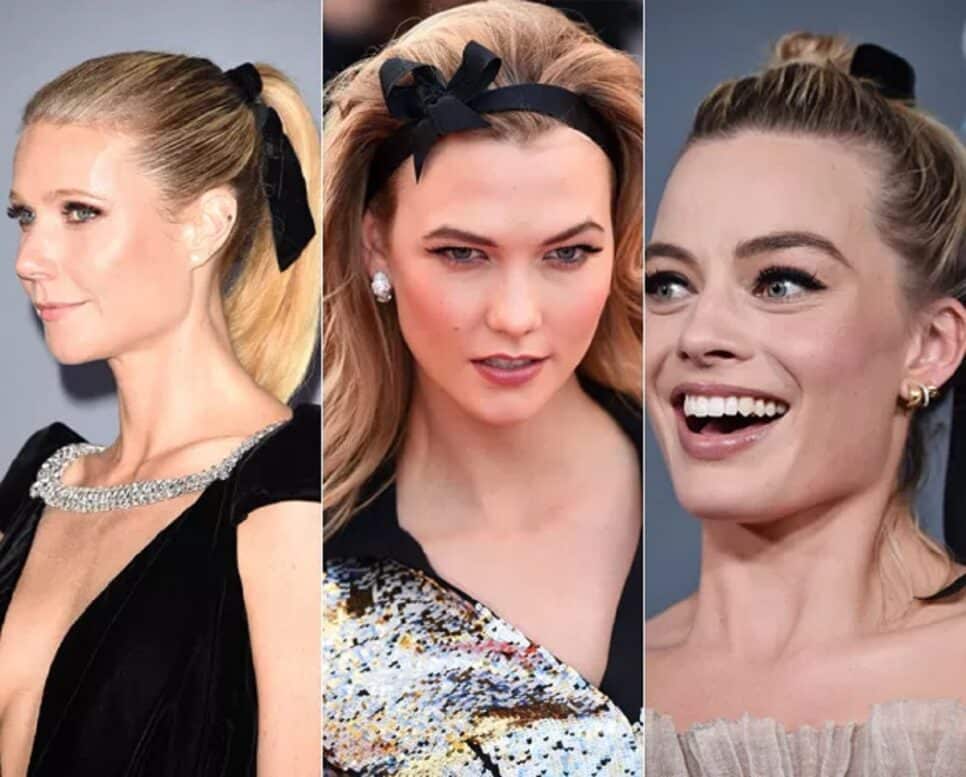 Gwynelth Paltrow, Karlie Kloss e Margot Robbie com laços de cabelo (Foto: Getty Images) Tendência
