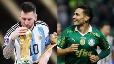 Lionel Messi, campeão do Mundo e Veiga, campeão do Palmeiras (Fotos: Reprodução/ GettyImages/ Cesar Greco/ SEP/ Montagem)