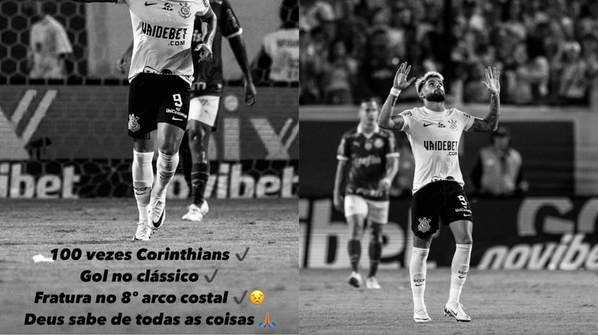 Yuri Alberto faz publicação nos Stories e Feed do seu perfil nas redes sociais sobre lesão e 100 jogos (Fotos: Reprodução/ Instagram/ Montagem)