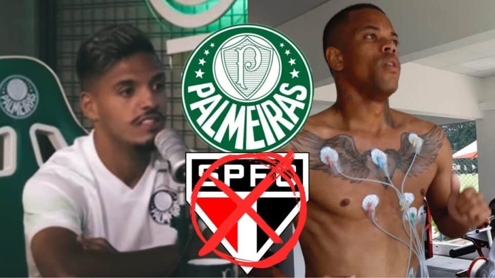 Gabriel Menino revela fala em particular de Caio Paulista na Academia de Futebol (Fotos: Reprodução/ Palmeiras Cast/ YouTube/ SPFC/ Montagem)