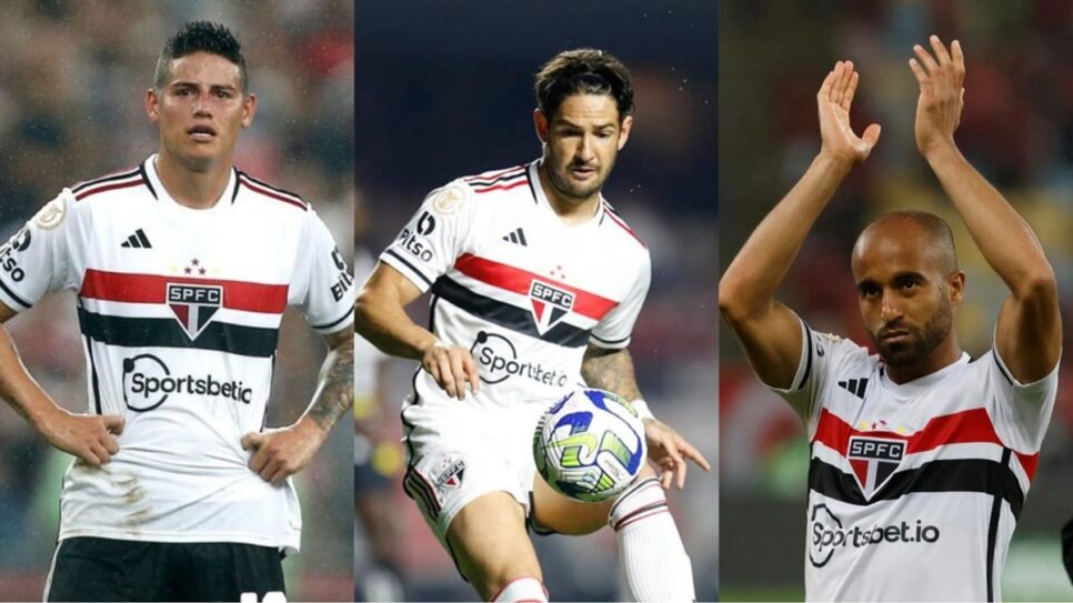 James Rodríguez, Alexandre Pato e Lucas Moura com a camisa do São Paulo (Fotos: Reprodução/ Paulo Pinto/ SPFC/ Montagem)