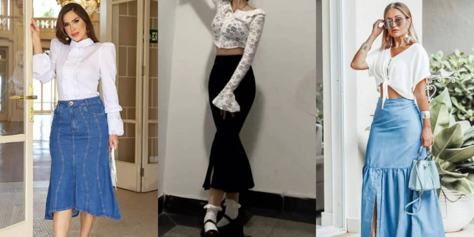 Não gosta de calça? A saia jeans ‘sereia’ será a nova tendência (Foto: Reprodução/Montagem HoraDoBenefício)