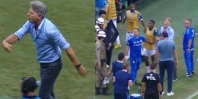 Reviravolta dramática no jogo: Renato Gaúcho reage furiosamente à expulsão de Diego Costa, enviando todos ao vestiário e deixando o campo antes do fim (Foto: Reprodução/Premiere)