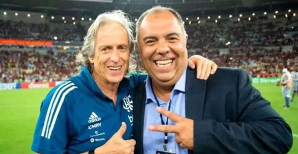 Jorge Jesus e Marcos Braz, em 2019 (Foto: Reprodução/ CRF)