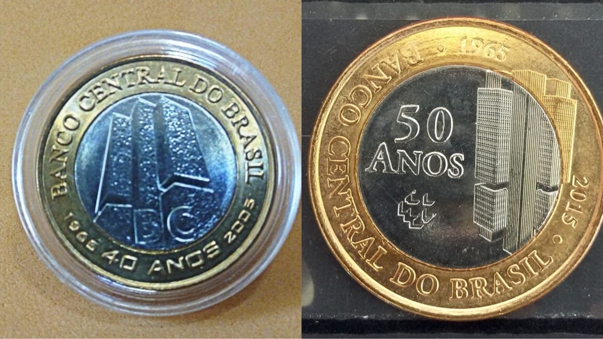 Moedas comemorativas do Banco Central (BC) em versões de 40 anos e 50 anos (Fotos: Reprodução/ Internet/ Montagem)