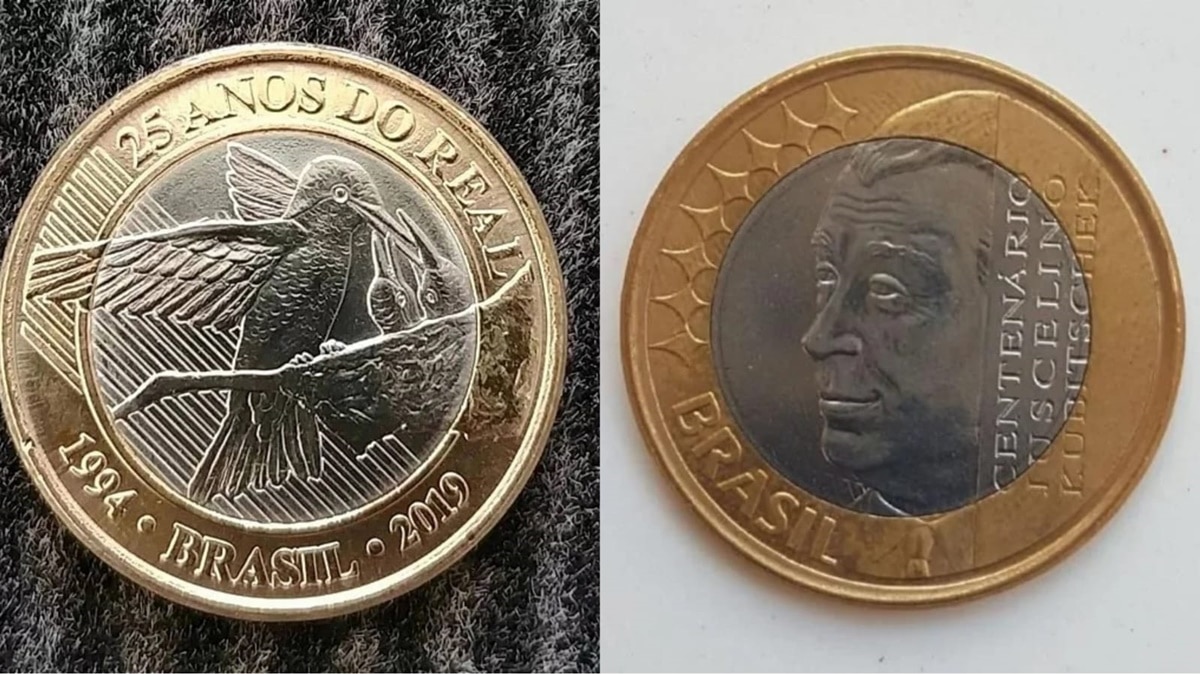 Moedas de R$ 1 Real raras e com erro de cunhagem valem fortuna: modelos Beija-Flor e JK (Fotos: Reprodução/ Internet/ Montagem)