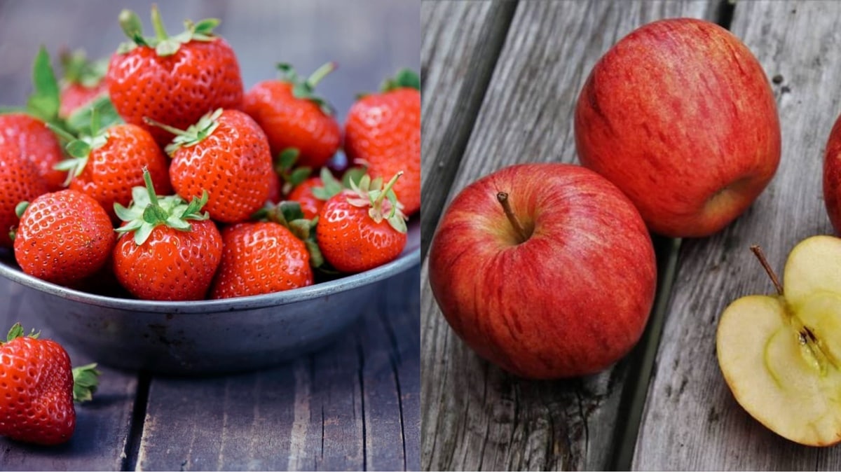 Morangos e Maçãs são frutas que ajudam na saúde dental e bucal (Fotos: Reprodução/ Freepik/ Montagem)