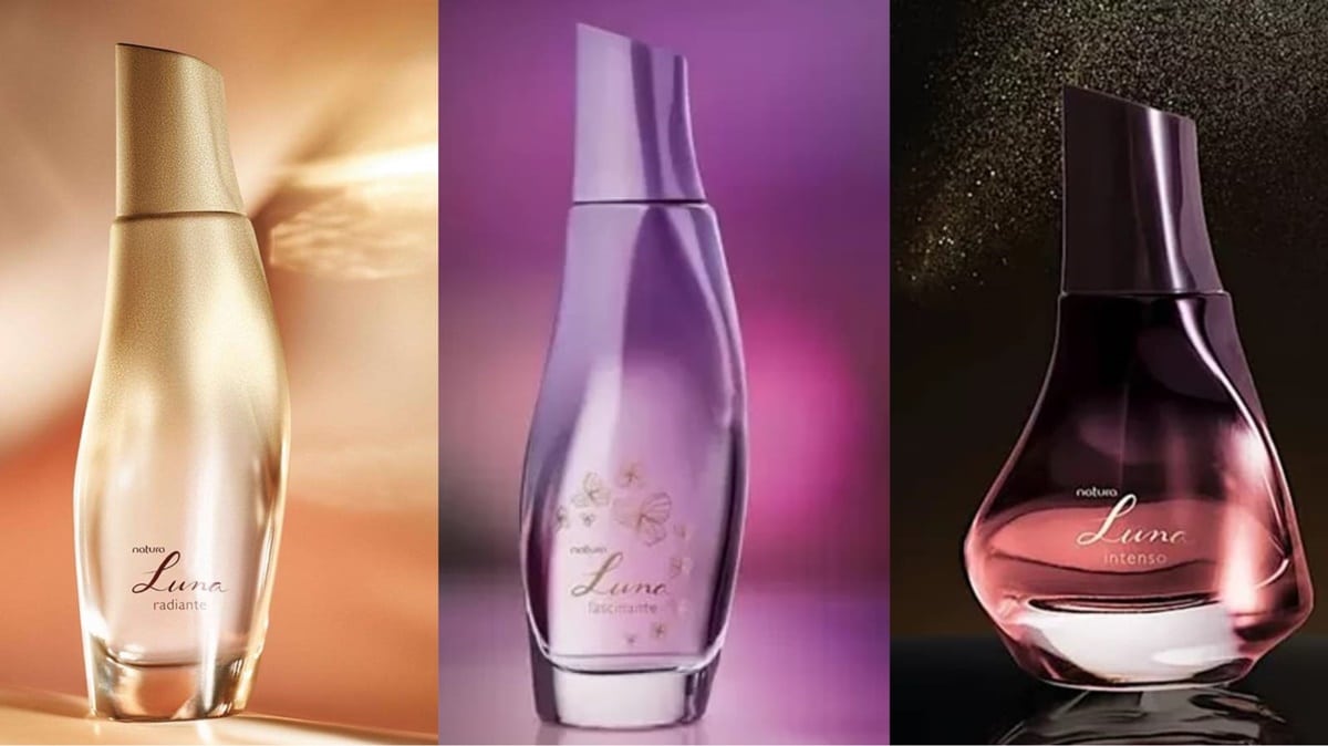 Natura traz perfumes que fixam da linha Luna, sejam eles o Radiante, Fascinante ou Intense (Fotos: Reprodução/ Divulgação/ Montagem)