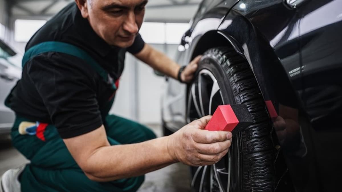 Motorista fazendo manutenção dos pneus com aplicação de vinagre (Foto: Reprodução/ Freepik)