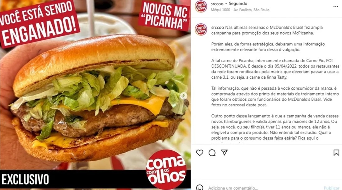 Conta do Instagram denuncia propaganda enganosa e composição real do McPicanha; caso vai parar no Procon (Foto: Reprodução/ Instagram/ Coma com os Olhos)