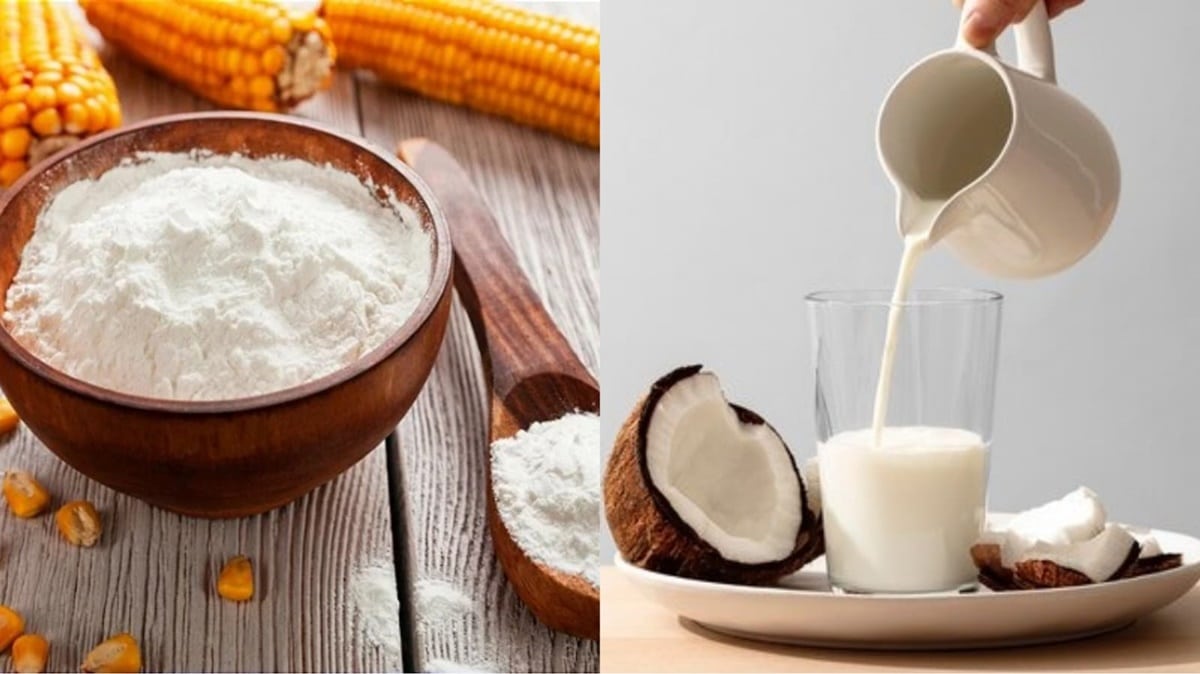 2 ingredientes orgânicos para alisamento de cabelo: amido de milho (maizena) e leite de coco (Fotos: Reprodução/ Freepik/ Montagem)