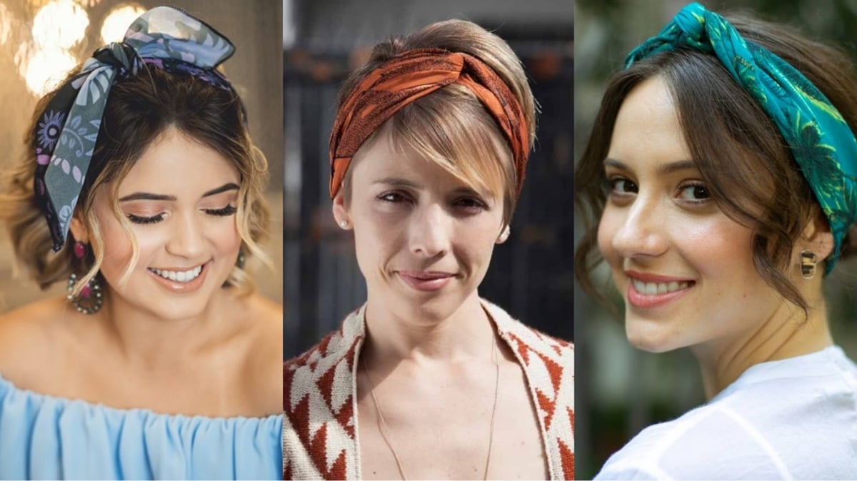 Penteado com lenço é versátil às mulheres de fios menores (Fotos: Reprodução/ Internet/ Montagem)