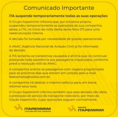 Comunicado da Itapemirim anunciando suspensão de operações (Foto: Reprodução / G1) 