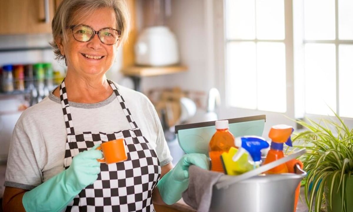 Dona de casa com seus produtos de limpeza do lar (Foto: Reprodução/ Freepik)