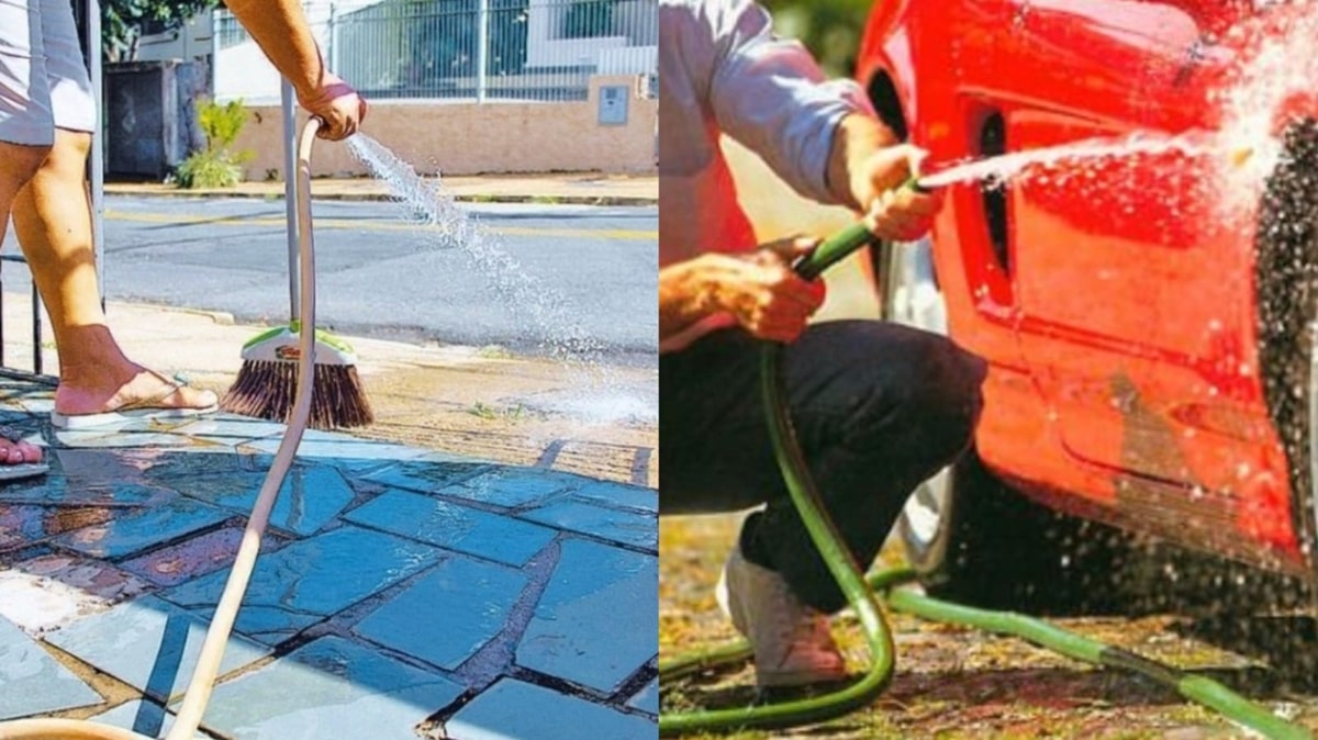 Evitar uso de mangueiras para lavar calçada e carros é economia garantida na conta de água e atitude consciente (Fotos: Reprodução/ Freepik/ Montagem)