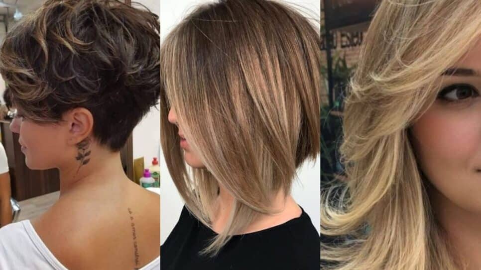 Pixie moderno, Long bob angular e camadas e desfiado são tendência nos salões de beleza (Fotos: Reprodução/ Internet/ Montagem)