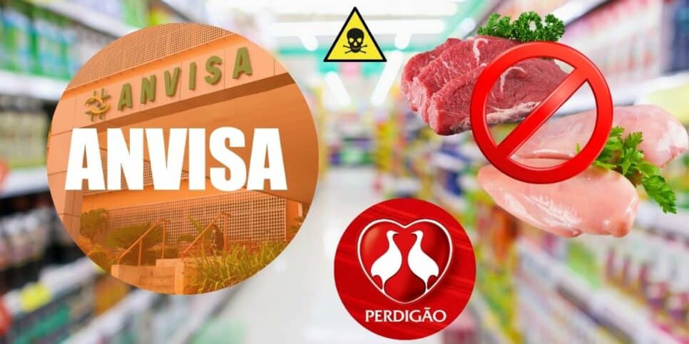 Fachada da Anvisa, frango e carne no supermercados e logo da Perdigão (Foto: Reprodução / Canva / Montagem Hora do Benefício)