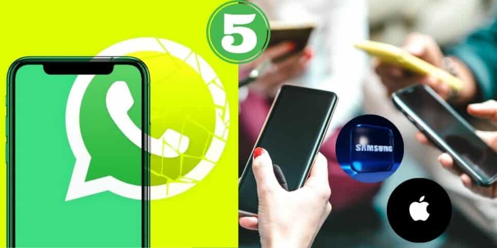 WhatsApp, celulares e logos da Samsung e iPhone (Foto: Reprodução / Canva / Montagem Hora do Benefício)
