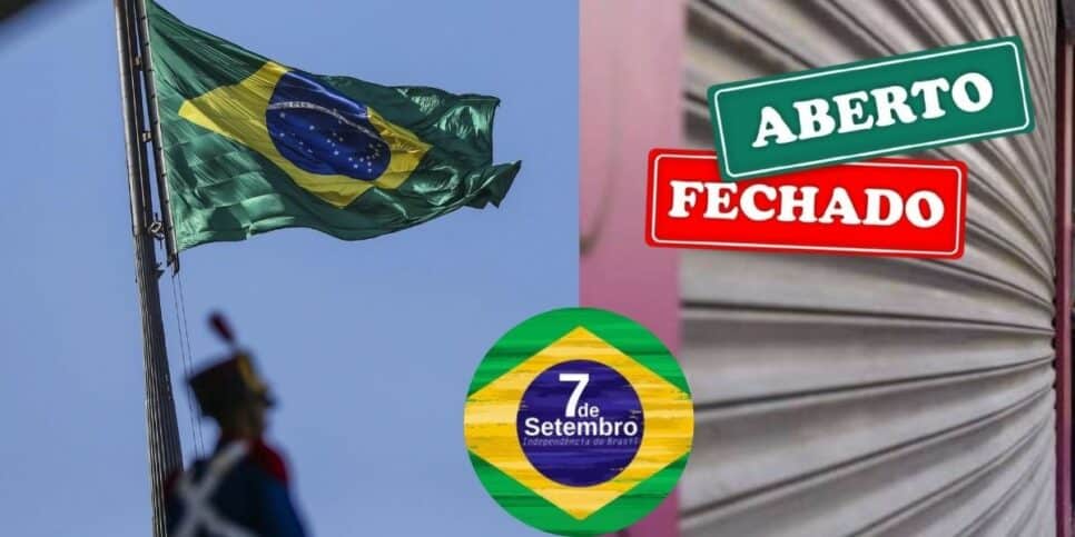 Bandeira do Brasil e loja fechada no feriado (Foto: Reprodução / Canva / Montagem Hora do Benefício)