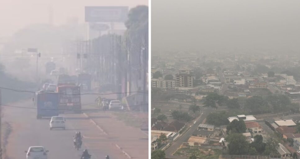 Cidade de Porto Velho, Rondônia (à esquerda) e Rio Branco, Acre (à direita) com poluição e ranking de péssima qualidade do ar (Fotos: Reprodução/ Internet/ Montagem)