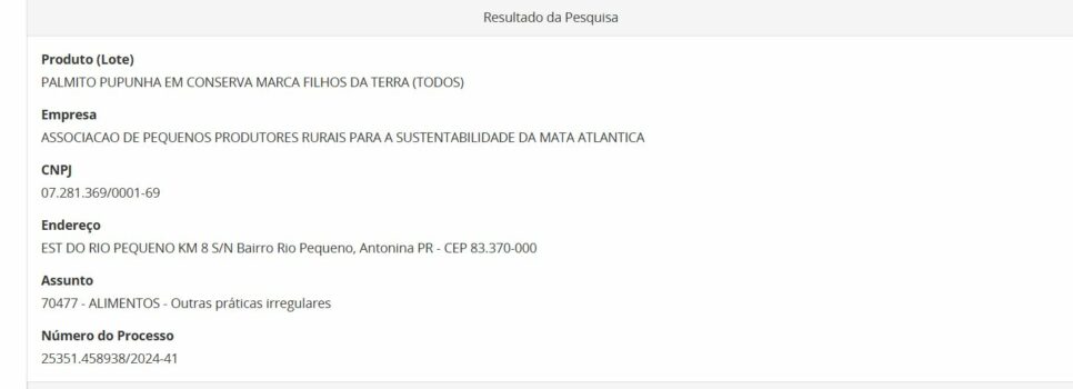 Medida da ANVISA contra Palmito do Filhos da Terra, parte 1 (Foto Reprodução/ANVISA)