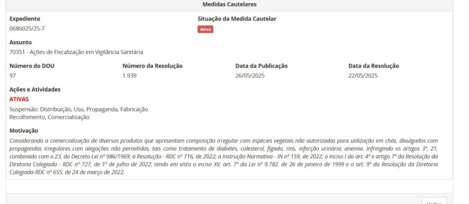 Medida da ANVISA que proibiu todos os chás da marca Caseralli Comércio, parte 1 (Foto Reprodução/Internet)