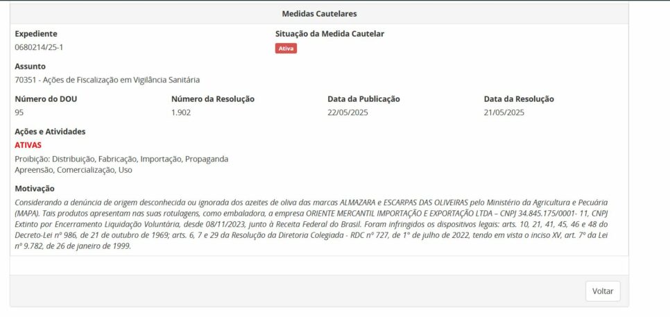 Resolução da ANVISA contra azeite pt 1 (Foto Reprodução/ANVISA)