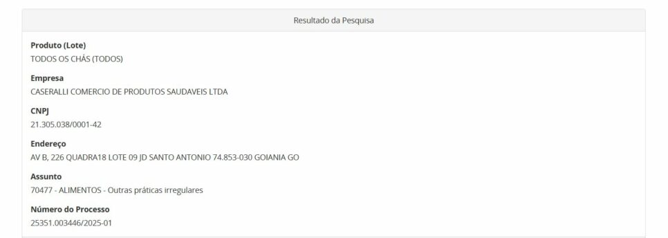 Medida da ANVISA que proibiu todos os chás da marca Caseralli Comércio, parte 1 (Foto Reprodução/Internet)