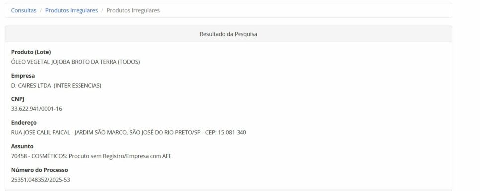 Medida da ANVISA contra o Óleo de Jojoba da marca Comércio, parte 1 (Foto Reprodução/Internet)