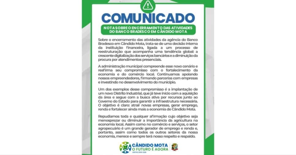 Nota oficial da Prefeitura de Cândido Mota