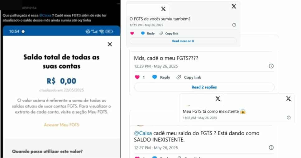 Usuários relatando as "contas zeradas" do FGTS (Foto Reprodução/Montagem/Canva/Lennita/Redes sociais)